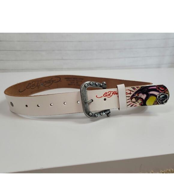ED HARDY Y2K LEATHER WHITE BELT, SZ XS - Picture 1 of 10
